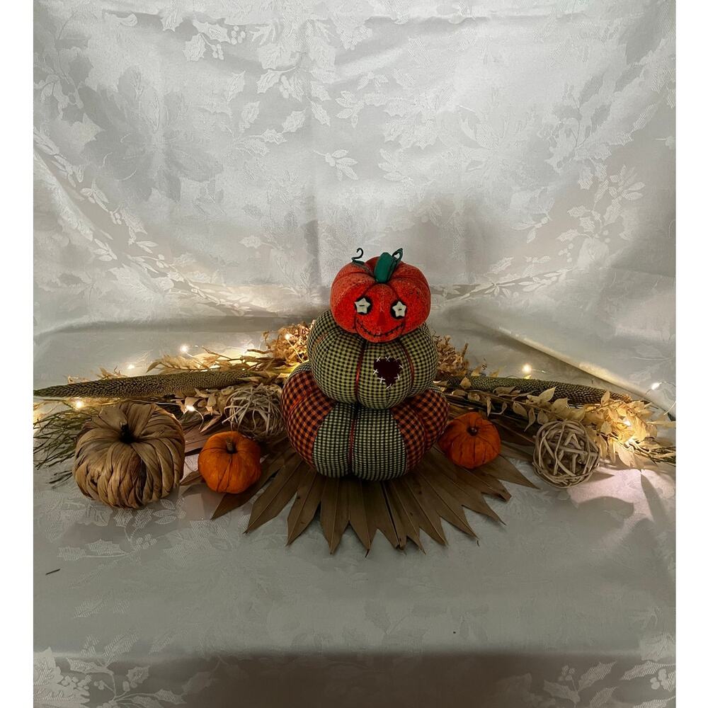Handmade Fall Centerpiece Stacked Fabric Pumpkin Lighted Primitive Harvest Decor